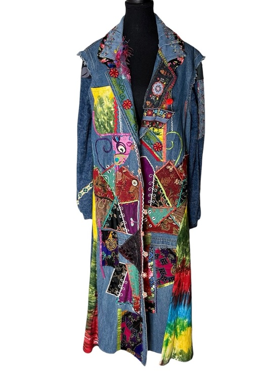 Amber Studios Jackets & Blazers - AMBER STUDIOS One Of A Kind Denim Jean Maxi Coat Duster Art To Wear Boho Large
